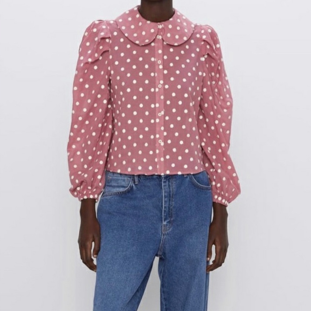NWT✨ZARA Dusky Pink Polka Dot Spot Puff Sleeve Shirt